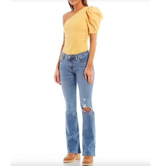 NWT Free People Somethin' Bout You One Shoulder Short Puff Sleeve Bodysuit sz XL - Picture 5 of 12